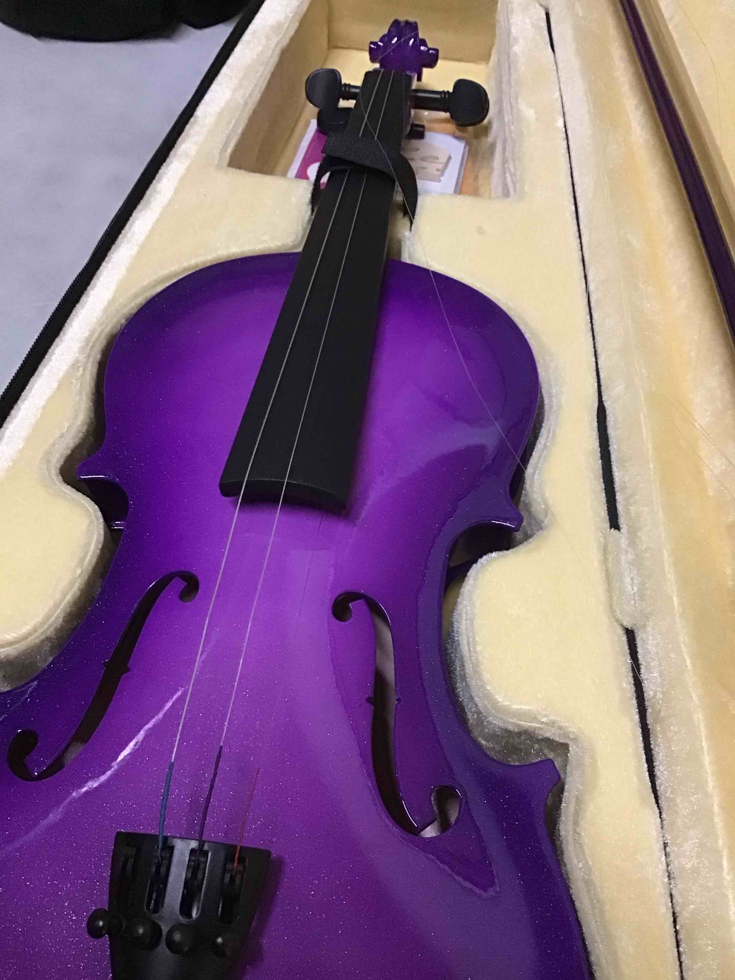 Condition photo showing As Is for ( with broken strings & bow ) Crafteem 4/4 Full Size Fiddle Purple Colored Premium Violin Outfit for Beginners Adults Kids With 5 Color Fingering Tape- Handcrafted Student Beginner Violin. (Purple, 4/4 Full) 4/4 Full Purple