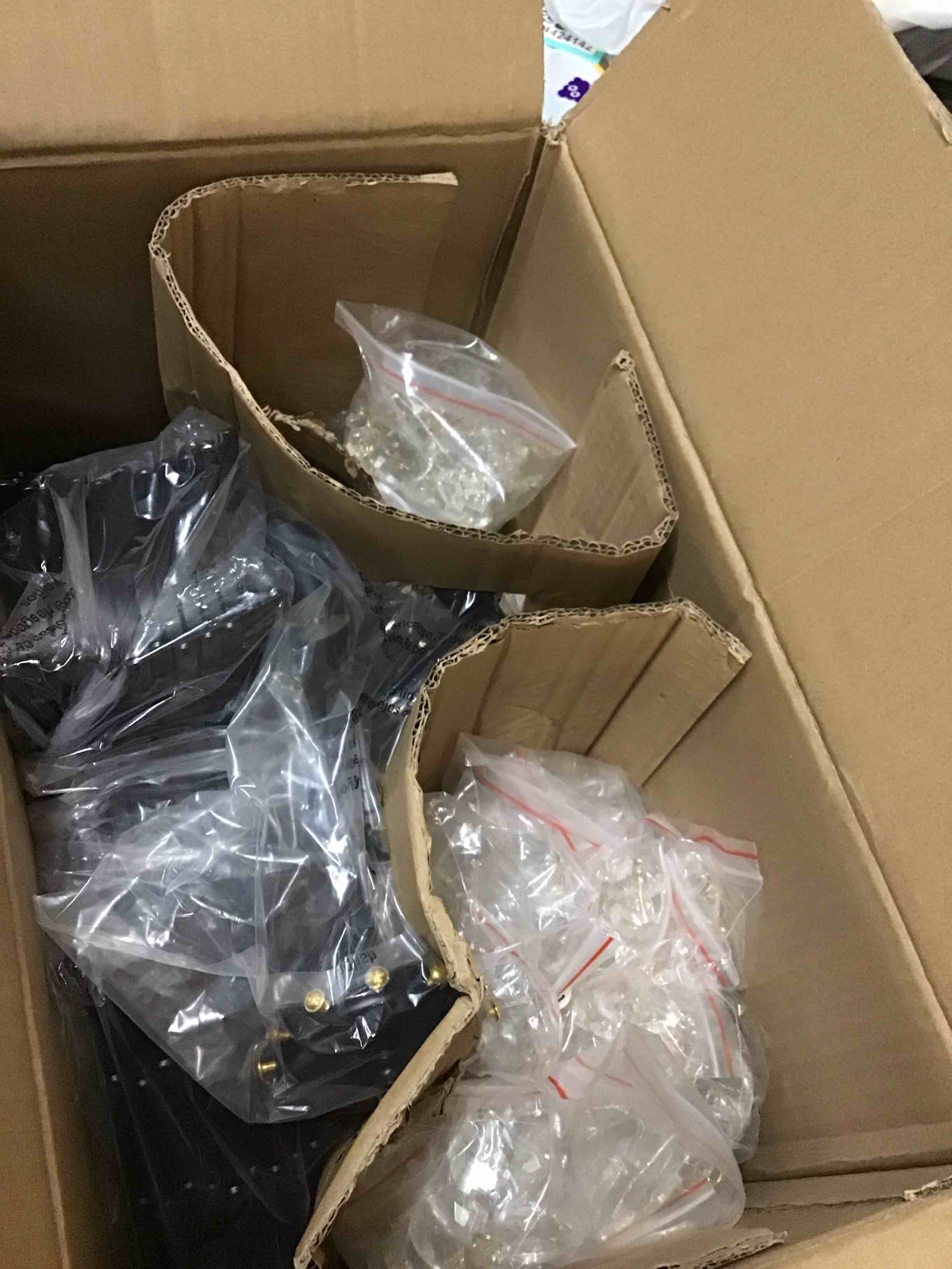 Condition photo showing As Is for ( incomplete missing parts ) Bestier Modern Pendant Black Chandelier Crystal Raindrop Lighting Ceiling Light Fixture Lamp for Dining Room Bathroom Bedroom Livingroom 6 E12 Bulbs Required D19 in x H21 in Black D19" x H21"