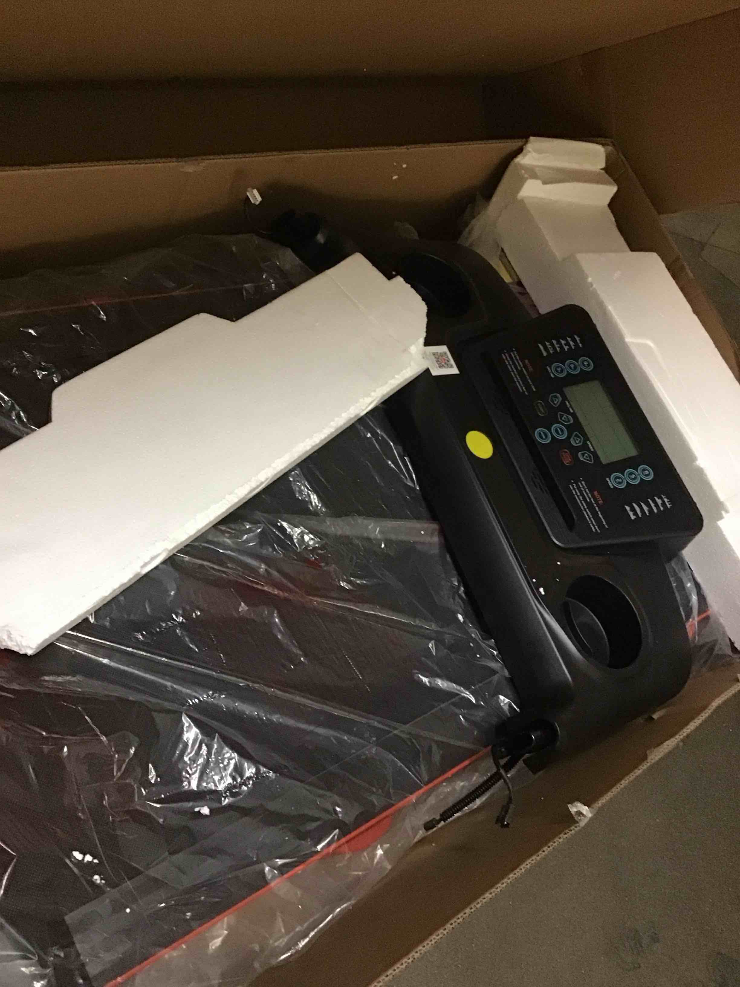 Condition photo showing As Is for ( incomplete missing some multiple pieces) Foldable Treadmill with 15% Auto Incline & 10MPH - Commercial 3.5HP Brushless Quiet, 18"x48" Wide Running Deck, Walking Pad Treadmill for Home Gym Office, 350lbs Capacity, APP - No Installation