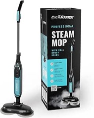 pursteam world's best steamers scrubmaster steam mop with dual scrubbing head, led headlights, adjustable steam control, anti-slip swivel head, cable holder & upright lock