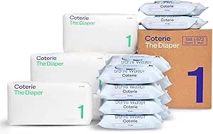 coterie baby diapers + wipes baby kit, size 1 (198 count) + 12 wipe packs (672 wipes) made with plant-based fibers, hypoallergenic, designed for sensitive skin, clean ingredients