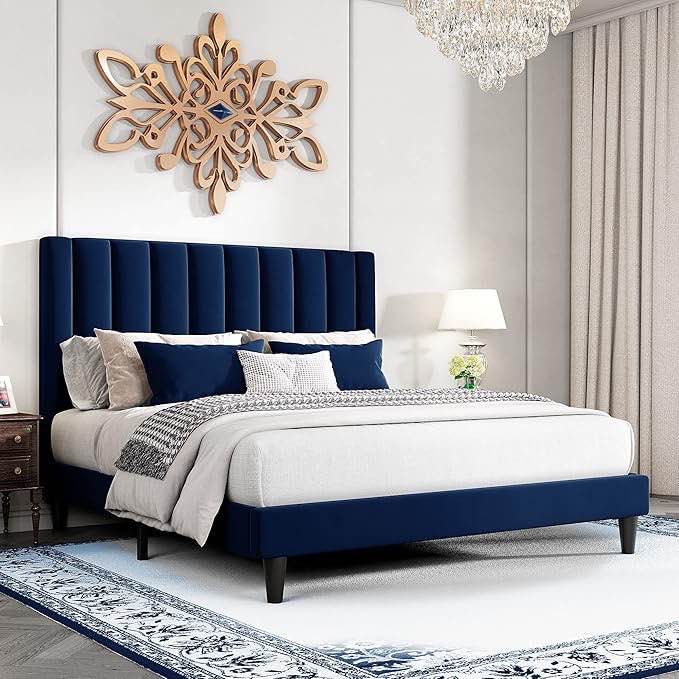HOOMIC Full Size Platform Bed Frame with Velvet Upholstered Plush Vertical Channel Headboard, No Box Spring Needed, Easy Assembly,Navy Blue