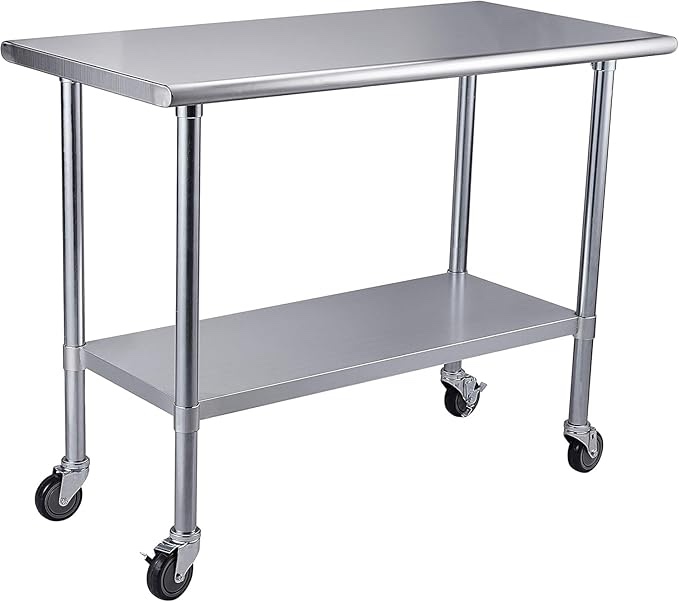 ROCKPOINT Stainless Steel Table for Prep & Work with Caster Wheels 24x48 Inches, NSF Metal Commercial Kitchen Heavy Duty Table with Adjustable Under Shelf and Table Foot for Restaurant, Home and Hotel