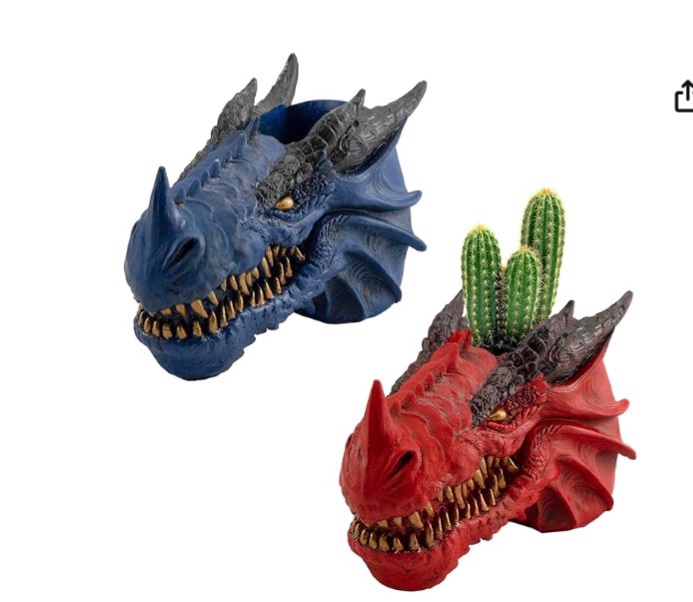 Dragon Head Planter Pots (6-Inch, Set of 2); Fantasy Dragon Head Shaped Gardening Container or Home Decor