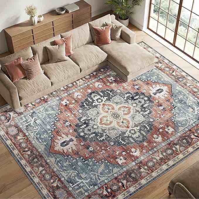 SONGMICS HOME Area Rug, Non-Slip Carpet, Traditional Vintage Style, Machine Washable, Bedroom Kitchen Living Room, Coffee Brown UTAR103K02(size unknown)