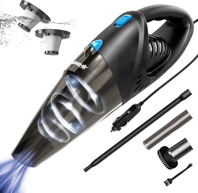 Car Vacuum Cleaner, 12V/106W High Power Handheld Portable Car Vacuum with 16 Ft Cord, Attachments, Filters and Storage Bag, Suitable for Car (Blue Button)
