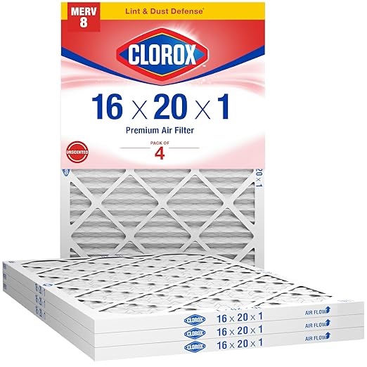 Clorox 16x20x1 Air Filter, MERV 8 Pleated HVAC AC Furnace Air Filters, MPR 600 & FPR 5 – Pack of 4