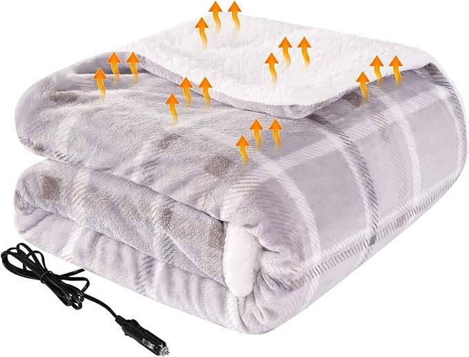 Westinghouse Heated Car Blanket with 3 Heating Levels, 4 Hours Auto Off, 12 Volt Electric Blanket for Car, Truck, SUV, RV, Machine Washable, 59" x 43”, (Beige Buffalo Plaid)