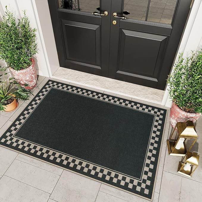 ojia easy jute outdoor rug 3x5 washable rugs for entryway, checkered border black front door rug non-slip door mats indoor outdoor rugs farmhouse 3x5 area rug for porch outside patio living room
