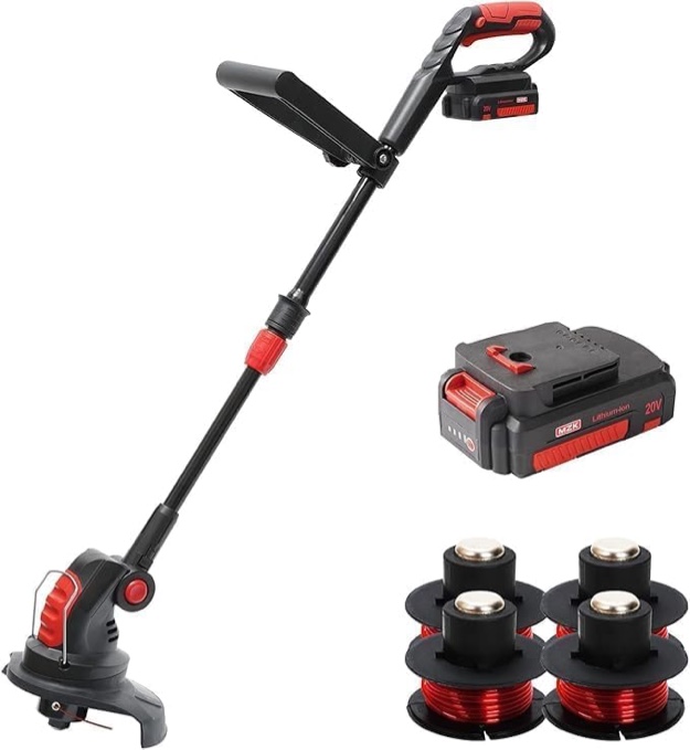 MZK String Trimmer, 20V Cordless Electric 12'' Grass Trimmer with Replacement Spools (4 Pack), Battery Powered Lightweight Weed Grass Trimmer/Edger, 8000 RPM 12-in 5.1lb Battery and Charger Included