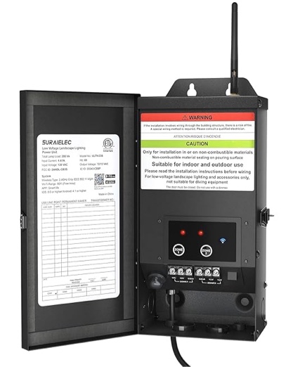 suraielec 300w wi-fi low voltage landscape transformer, 2 independent channels, 2.4ghz smart landscape lighting transformer, work with alexa & google assistant,120v to 12v 15v ac, etl listed