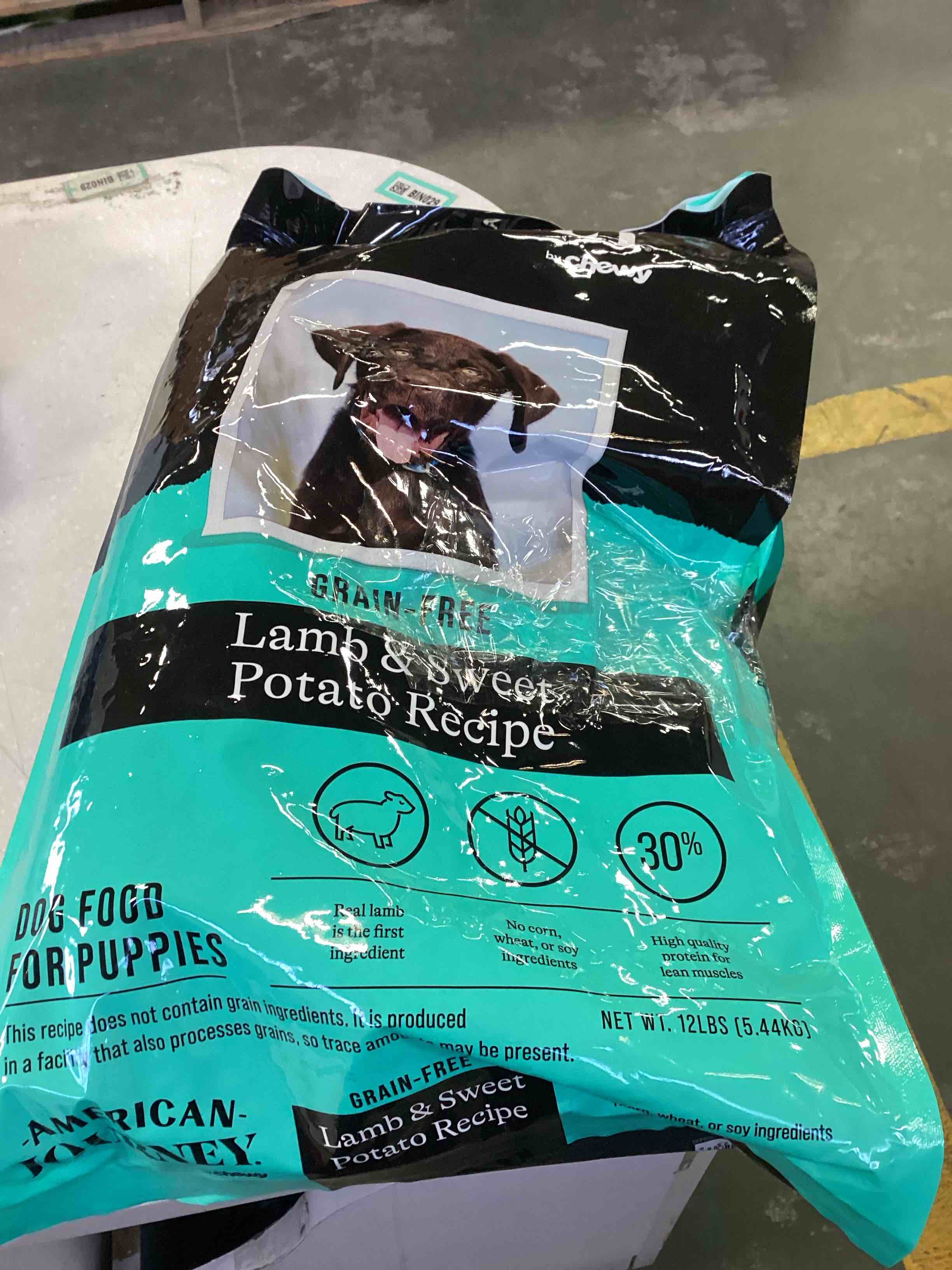 Condition photo showing As Is for (BEST BY 04/10/26)AMERICAN JOURNEY by chewy GRAIN-FRES Lamb & Sweet Potato Recipe DOG FOOD FOR PUPPIES(NET WT.12 LBS (5.44 KG)