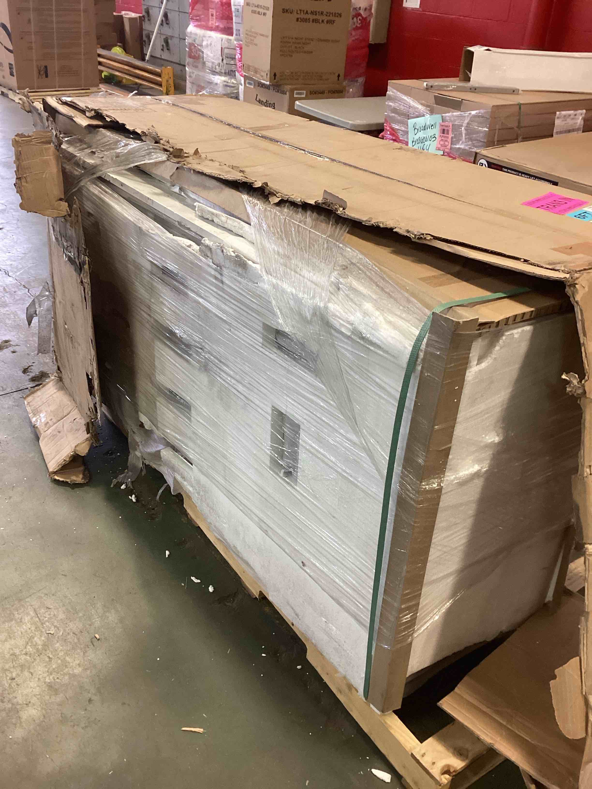 Condition photo showing Good Condition for XWNE 66 inch bathroom vanity. dark walnut. 2 sinks. stone countertop and backsplash 