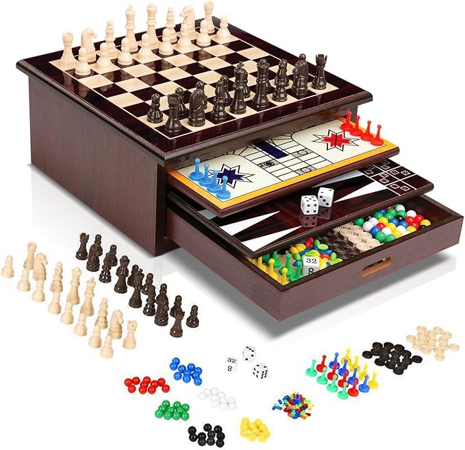 bundaloo 10-in-1 classic wooden board game set – chess, checkers, backgammon, and more – premium multi-game collection with built-in storage (10 in 1)