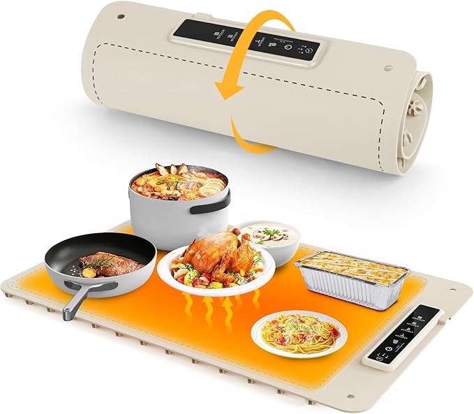 food warming mat for party, rollable electric warming tray, silicone heating mat for food, food fast heating or thawing mat for family gatherings, restaurants, chafing dish, everyday use(beige)