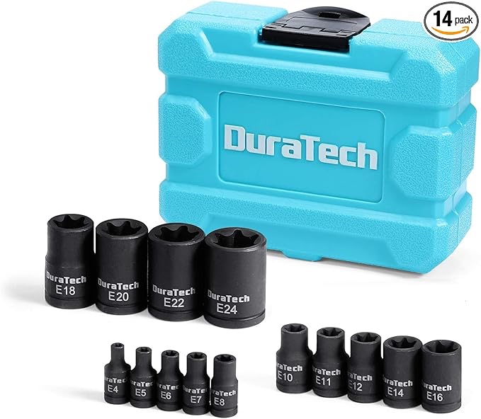 duratech 14-piece external star impact socket set with storage case, e4 to e24, 1/4”, 3/8”, 1/2” drive female e-torx torque socket for working with impact wrench, cr-v steel