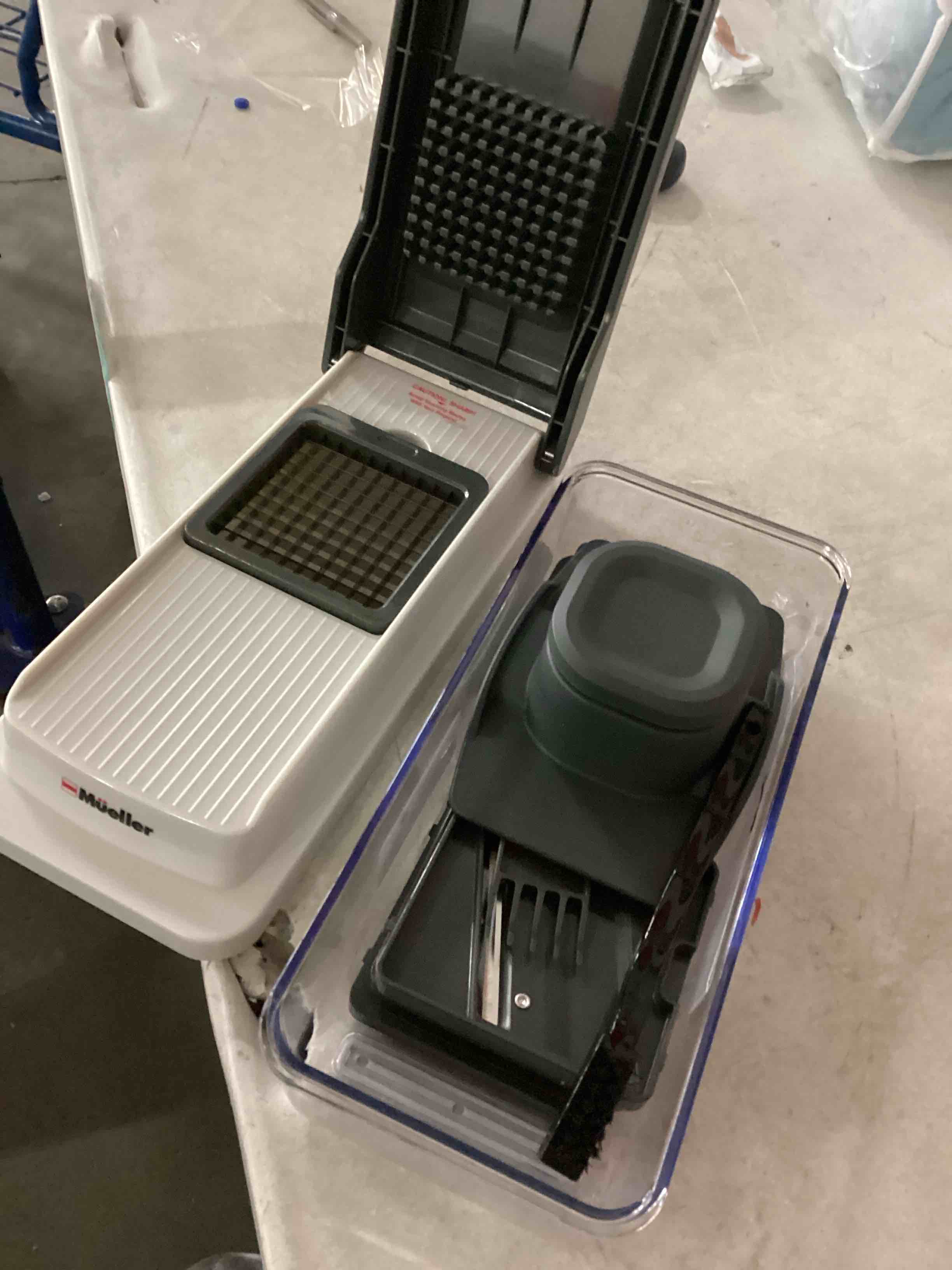 Condition photo showing As Is for Mueller Vegetable Chopper Mandoline Slicer, Food Veggie Chopper, Cheese Grater, Onion Vegetable Cutter with Container, Dicer, Kitchen Gadgets & Essentials, White Sand/Grey