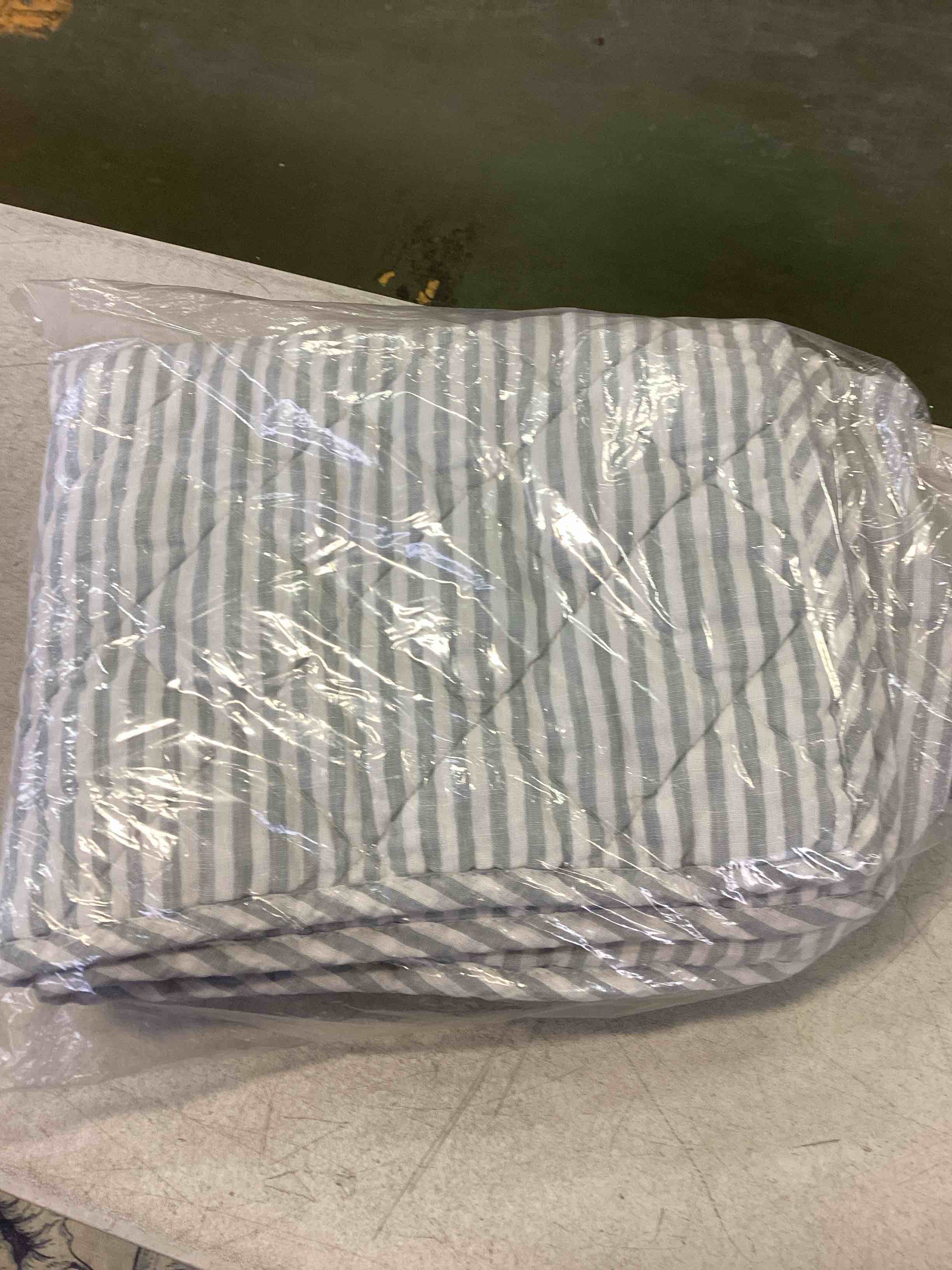 Condition photo showing Good Condition for European Linen Stripe Quilted Sham Set, Mist/White Stripe, Full/Queen