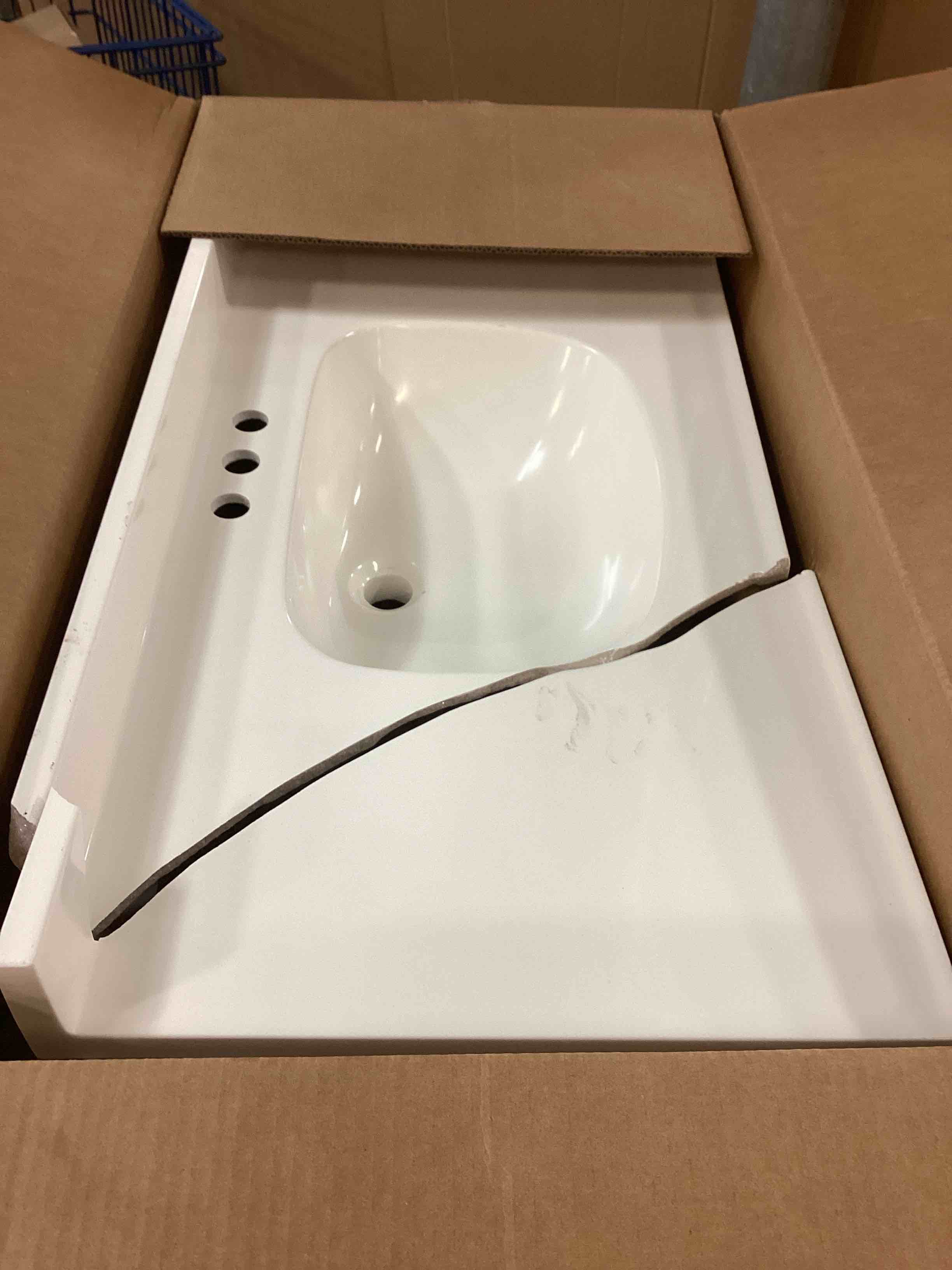 Condition photo showing As Is for Project Source Dover 36-in Light Gray Single Sink Bathroom Vanity with White Cultured Marble Top