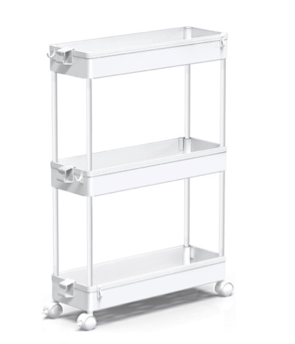  Slim Rolling Storage Cart, 3 Tier Bathroom Storage Organizer Laundry Room Utility Cart Mobile Shelving Unit, Multi-Purpose for Kitchen Office Bathroom Laundry Narrow Places, White