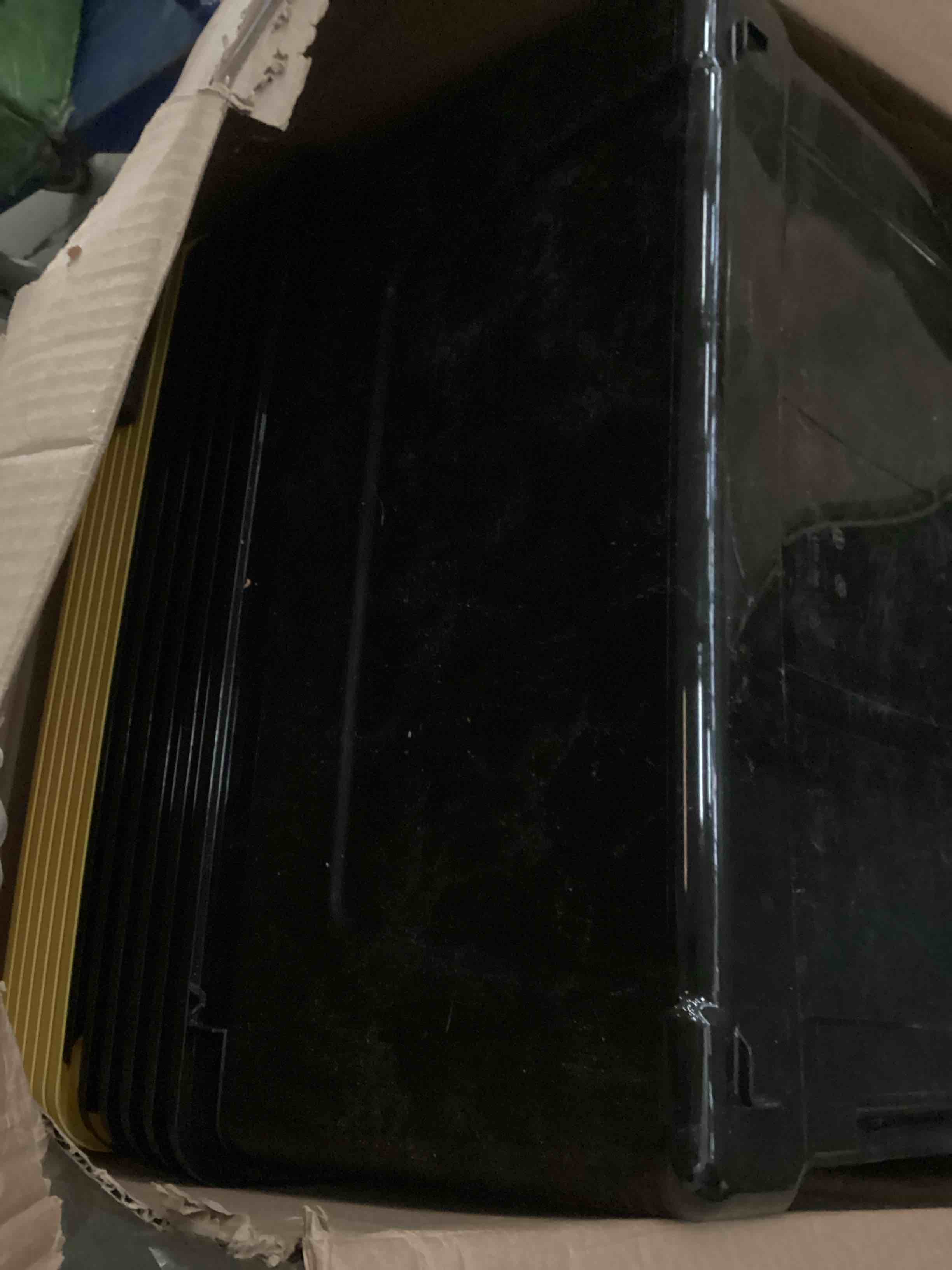 Condition photo showing As Is for IRIS USA 72 Qt Stackable Plastic Storage Bins with Lids, 6 Pack - BPA-Free, Made in USA - Garage Organizing Solution, Latches, Durable Nestable Containers, Secure Pull Handle - Black/Yellow 72 Qt 6 Pack