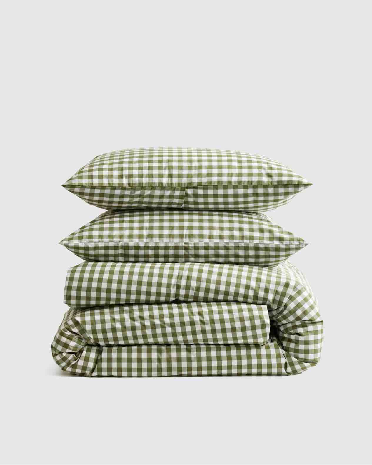 Classic Organic Percale Gingham Duvet Cover Set, Olive, Queen