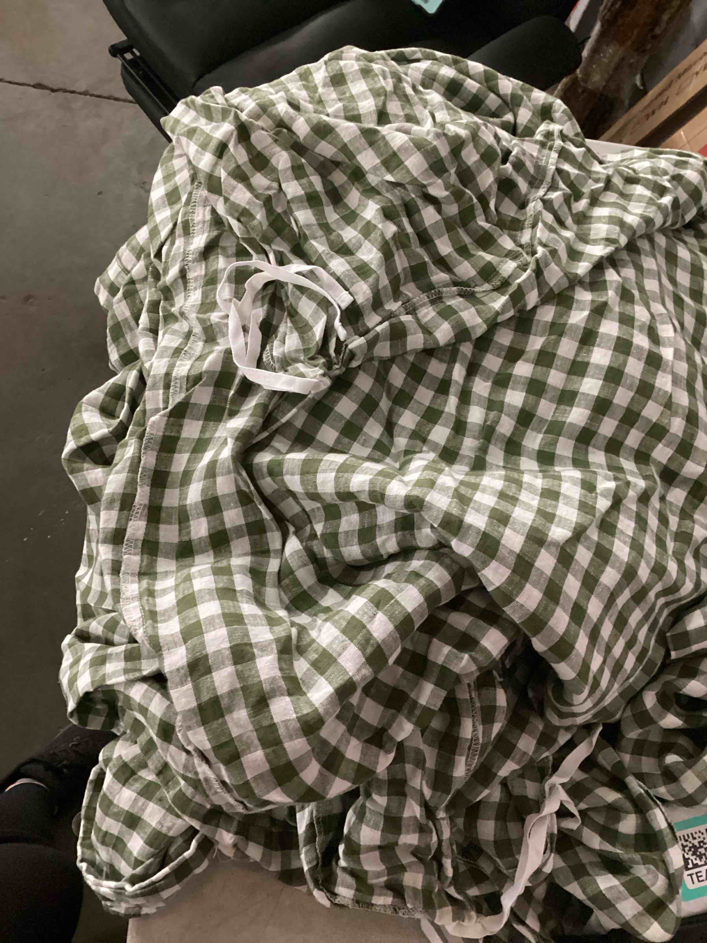 Condition photo showing As Is for Classic Organic Percale Gingham Duvet Cover Set, Olive, Queen