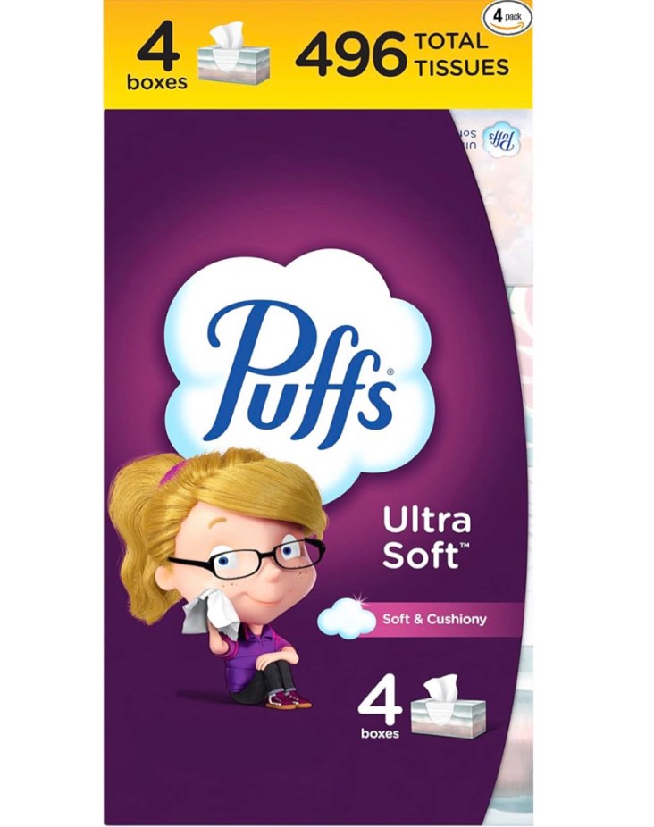 puffs ultra soft facial tissues, 4 family size boxes, 124 facial tissues per box, allergies and colds