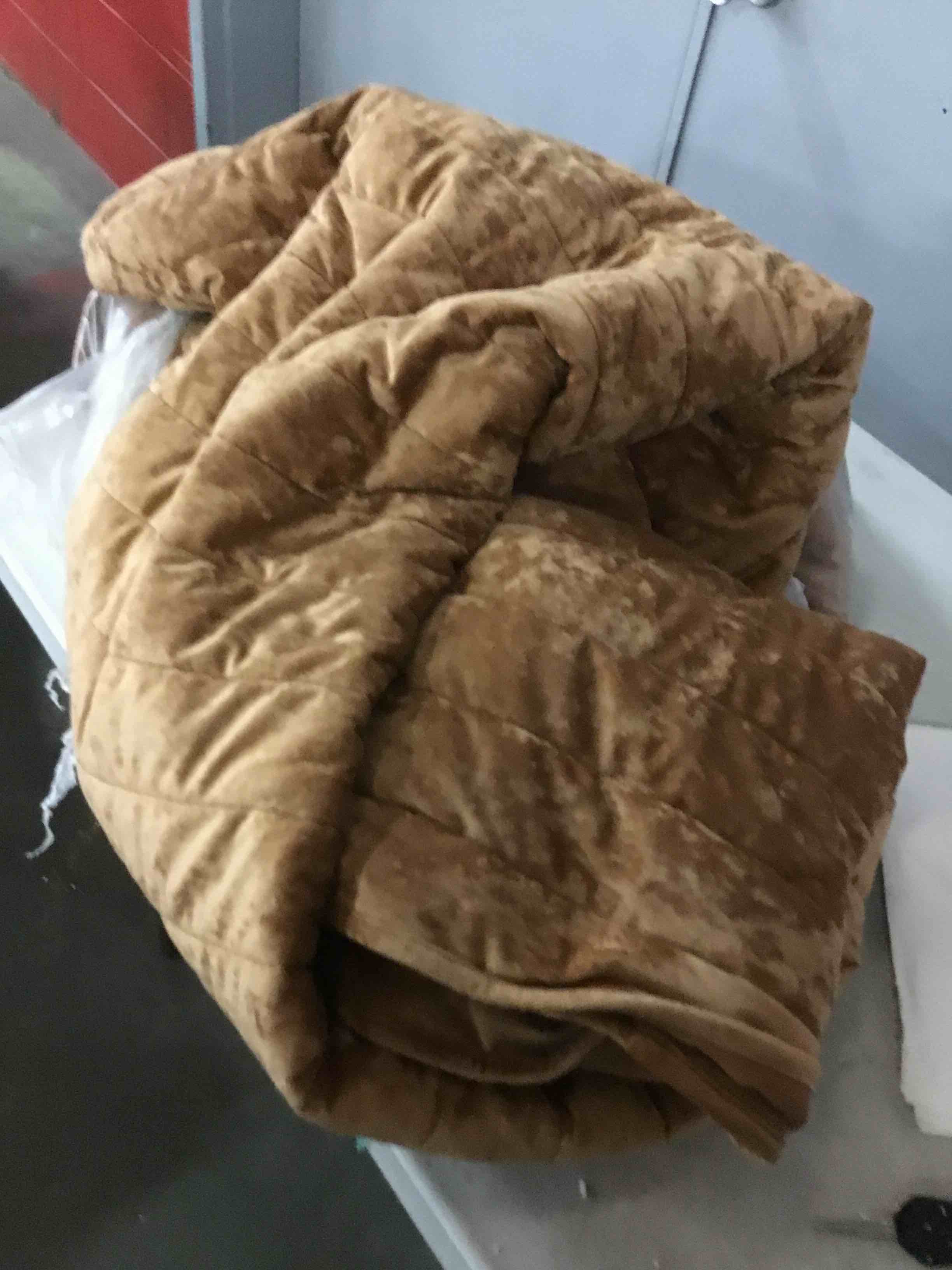 Condition photo showing As Is for bedsure velvet quilt king size set - 108"x96" lightweight velvet comforter king, oversized luxury bedspread coverlet, ultra-soft bedding set with 2 pillow shams for all season, caramel gold 07 - caramel gold king/cal king