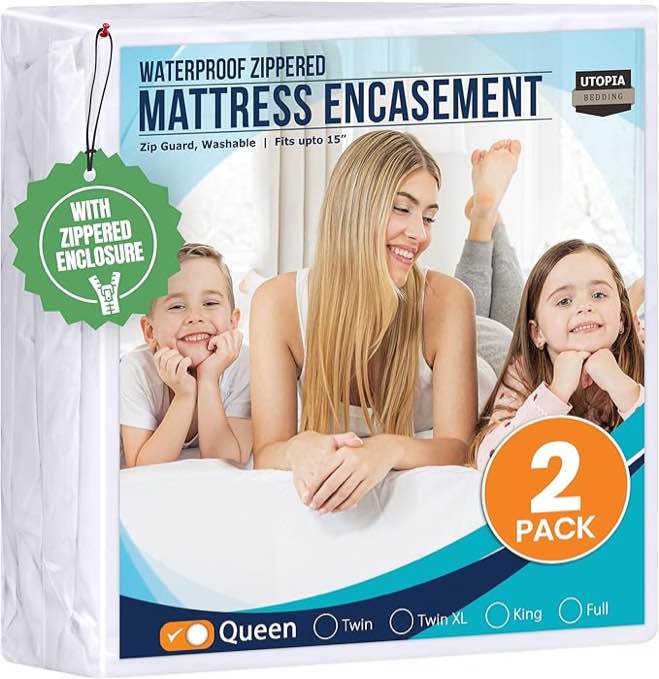 utopia bedding mattress protector zippered queen size (pack of 2), 100% waterproof bed bug and dust mite proof mattress encasement, absorbent 6 sided mattress cover