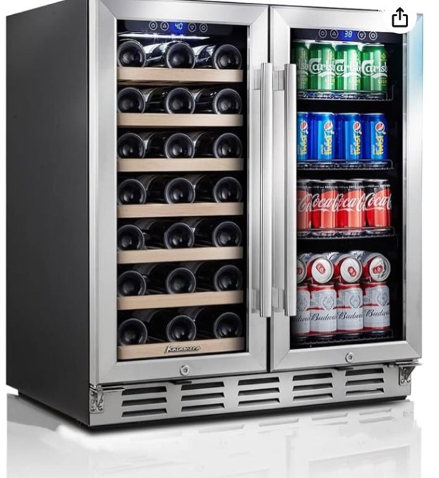 wine and beverage refrigerator, 30.5'' dual zone wine cooler with glass door hold 33 bottles and 100 cans, under counter wine beer fridge built-in or freestanding bverage cooler with blue led light