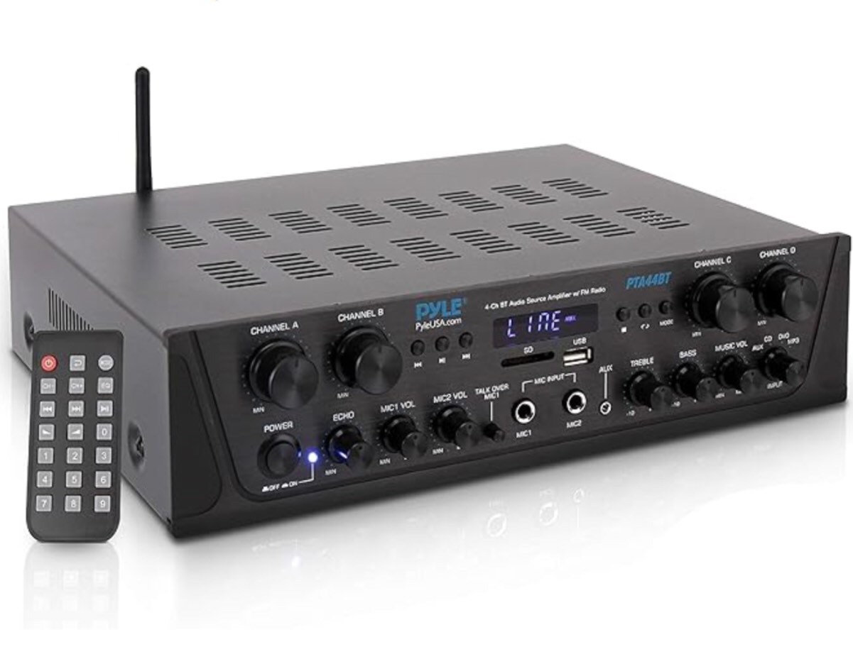 pyle 500w karaoke amplifier with bluetooth - 4 channel stereo output, front panel aux in, mic1 / mic2, mic vol with echo / talk over, usb-a, sd/mmc, sub out, rec out - home / commercial -pta44bt.5