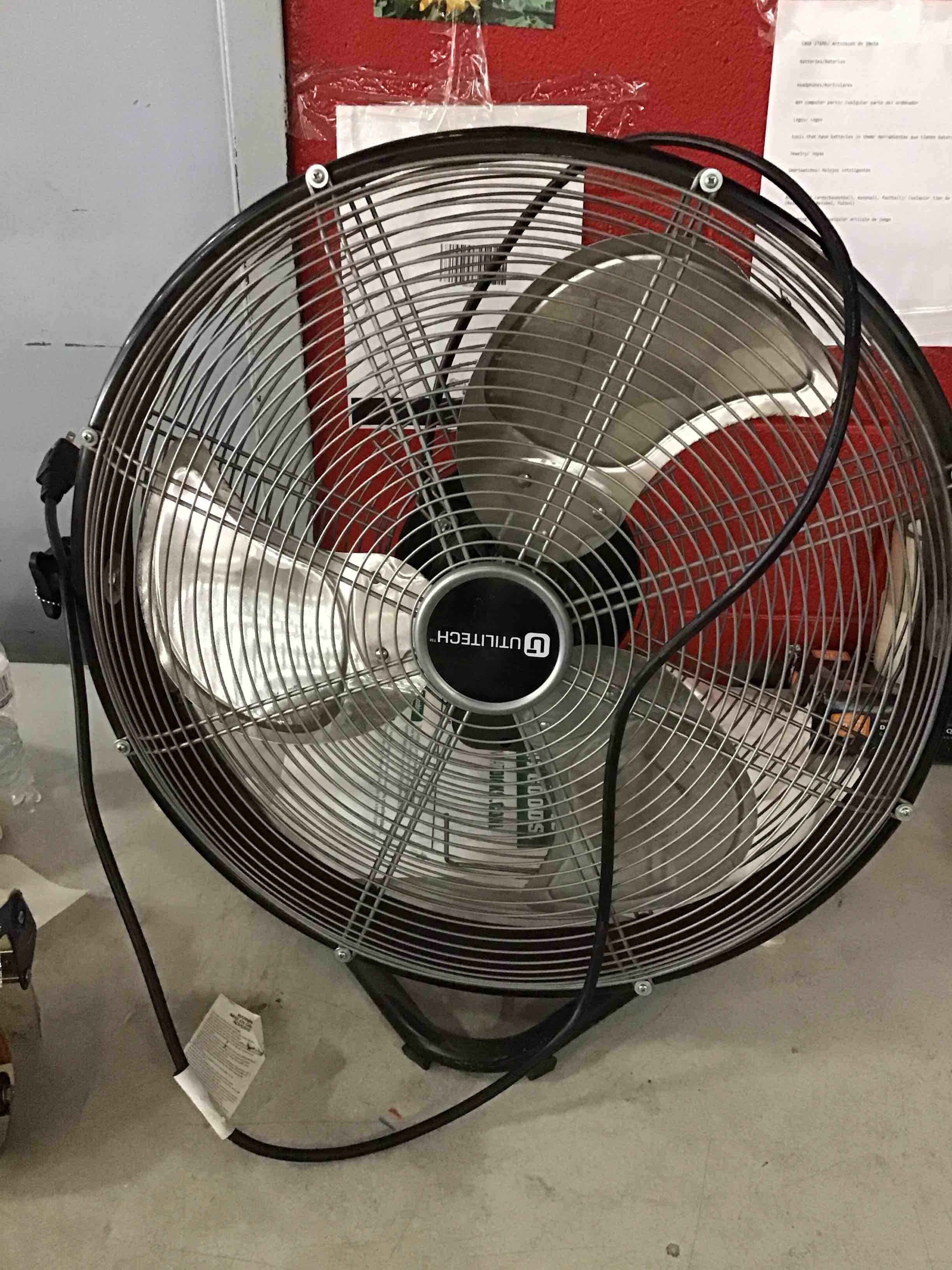 Condition photo showing As Is for amazon basics 20" high velocity industrial fan, floor fan, with 3 speeds, tilt head, etl-listed safety compliance, metal housing/blades, ideal for industrial/commercial space/garage/gym, 125w, black 20 inch (blades diameter) black