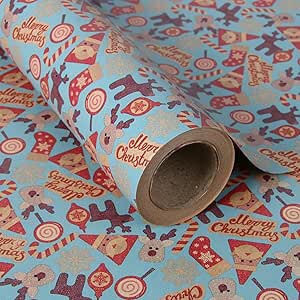 Aimyoo Blue Christmas Kraft Wrapping Paper Jumbo Roll 30 inch x 100 ft, Santa Stockings Candy Canes Deer Design, Kids Xmas Gift Wrap