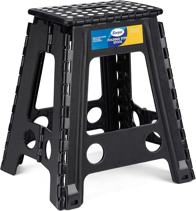 Korpai 18" Folding Step Stool for Adults and Kids Holds Up to 300 lbs,Non-Slip Folding Stools with Portable Handle, Compact Plastic Foldable Step Stool for Bathroom,Bedroom, Kitchen, White,1PC 18 Inch black 