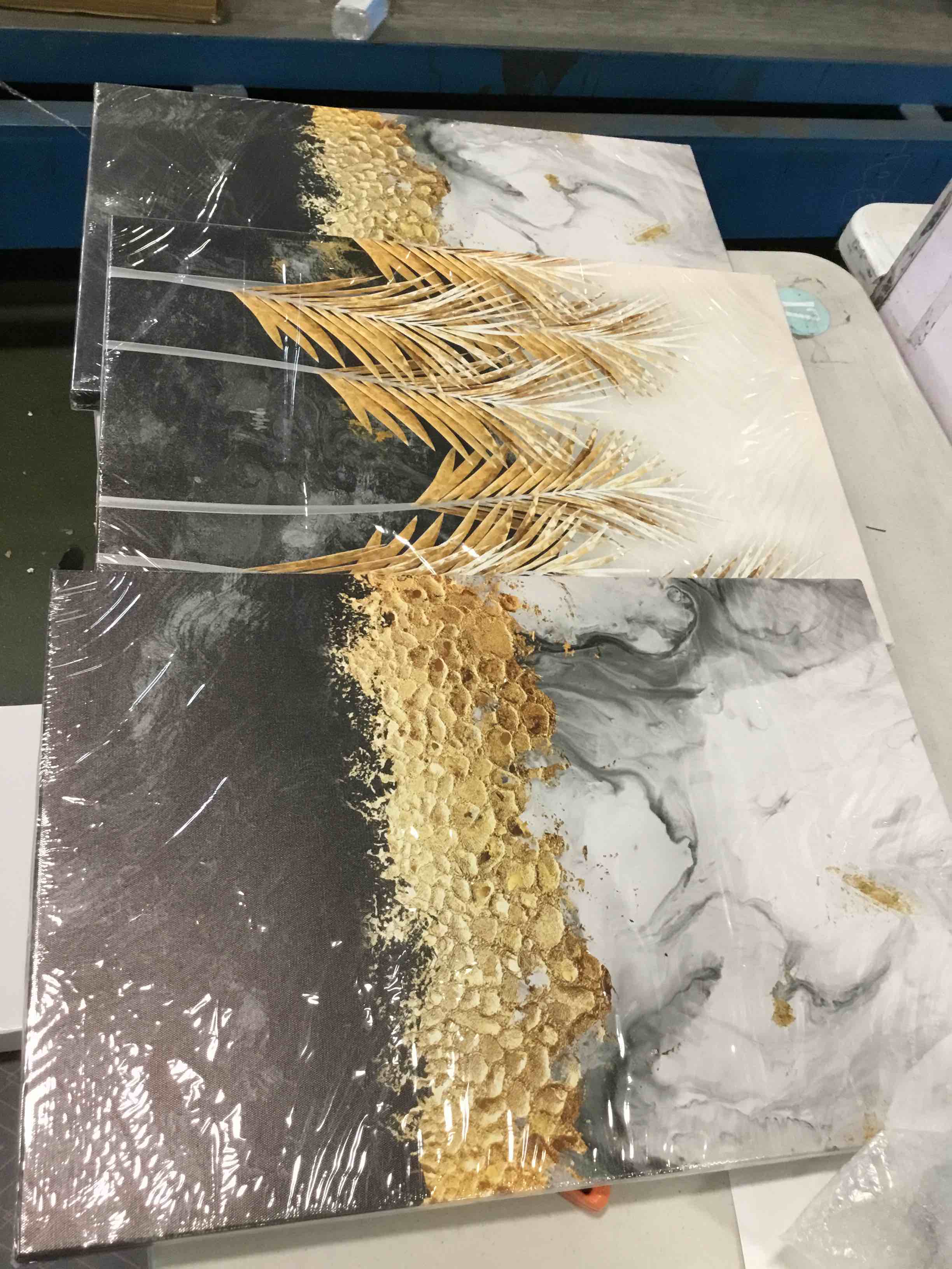 Set of 3 abstract wall paintings, black and gold marble wall art 16x23