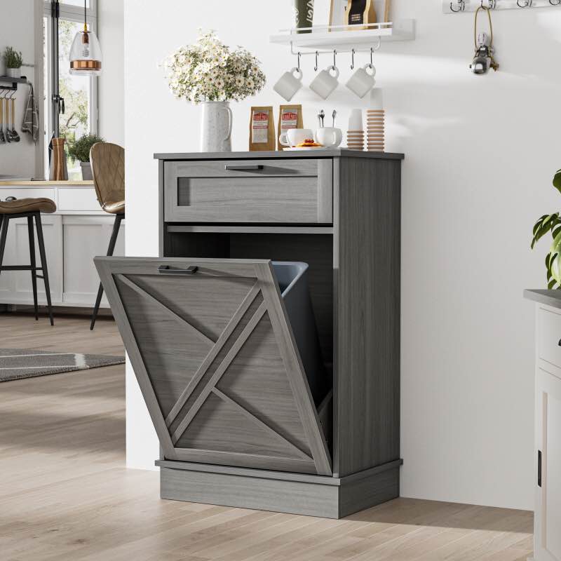 Anmytek 10 Gallon Tilt Out Trash Can Cabinet with Drawer, Kitchen Freestanding Wood Recycling Trash Cabinet