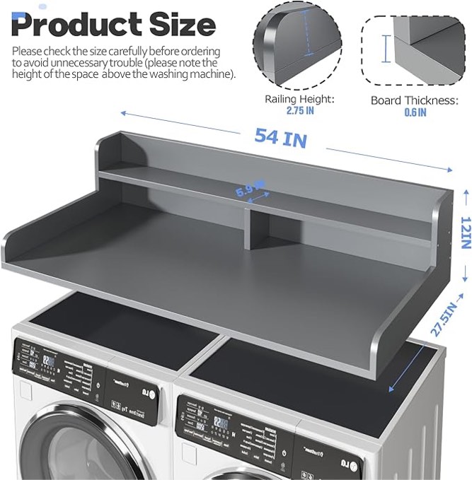 Washer Dryer Countertop with 2-Tier Shelf, 2.75" H Edge Laundry Topper for Washer and Dryer, 54" W x 27.5" D Laundry Room Countertop Organization Storage with Non-Slip Pad (Oak) 2 Tier Grey 