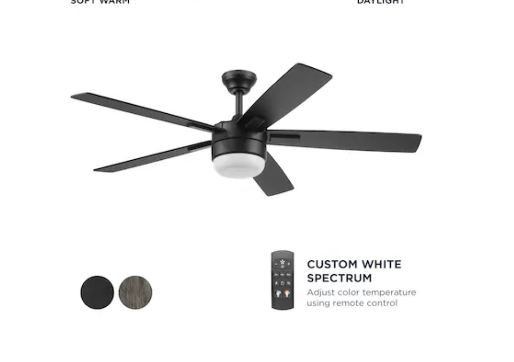 Harbor Breeze Boltz III Easy2Hang 52-in Matte Black Color-changing Indoor Ceiling Fan with Light and Remote (5-Blade)