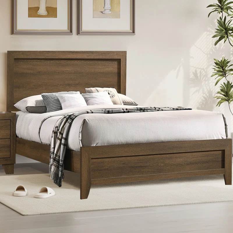 Esaiah Solid Wood Bed Frame with MDF Headboard and Footboard,Oak