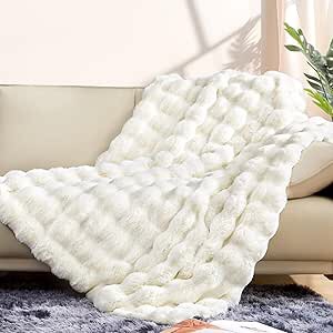 Touchat Luxury 1000GSM Faux Rabbit Fur Throw Blanket, Super Heavy Warm Cozy Beige Cream Blankets for Couch Bed Sofa, Ruched Plush Fuzzy Elegant Soft Reversible Mink Blanket for Living Room Bedroom White Throw-50"x60"