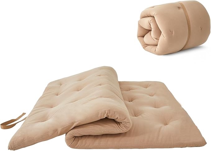 ZonLi Futon Mattress Full Size 54"x 80", 100% Cotton Outer Layer Floor Mattress Pad,Foldable Tatami Mat Portable Dormitory Sleeping Pad,Roll Up Floor Lounger Bed for Adult Child(Khaki)