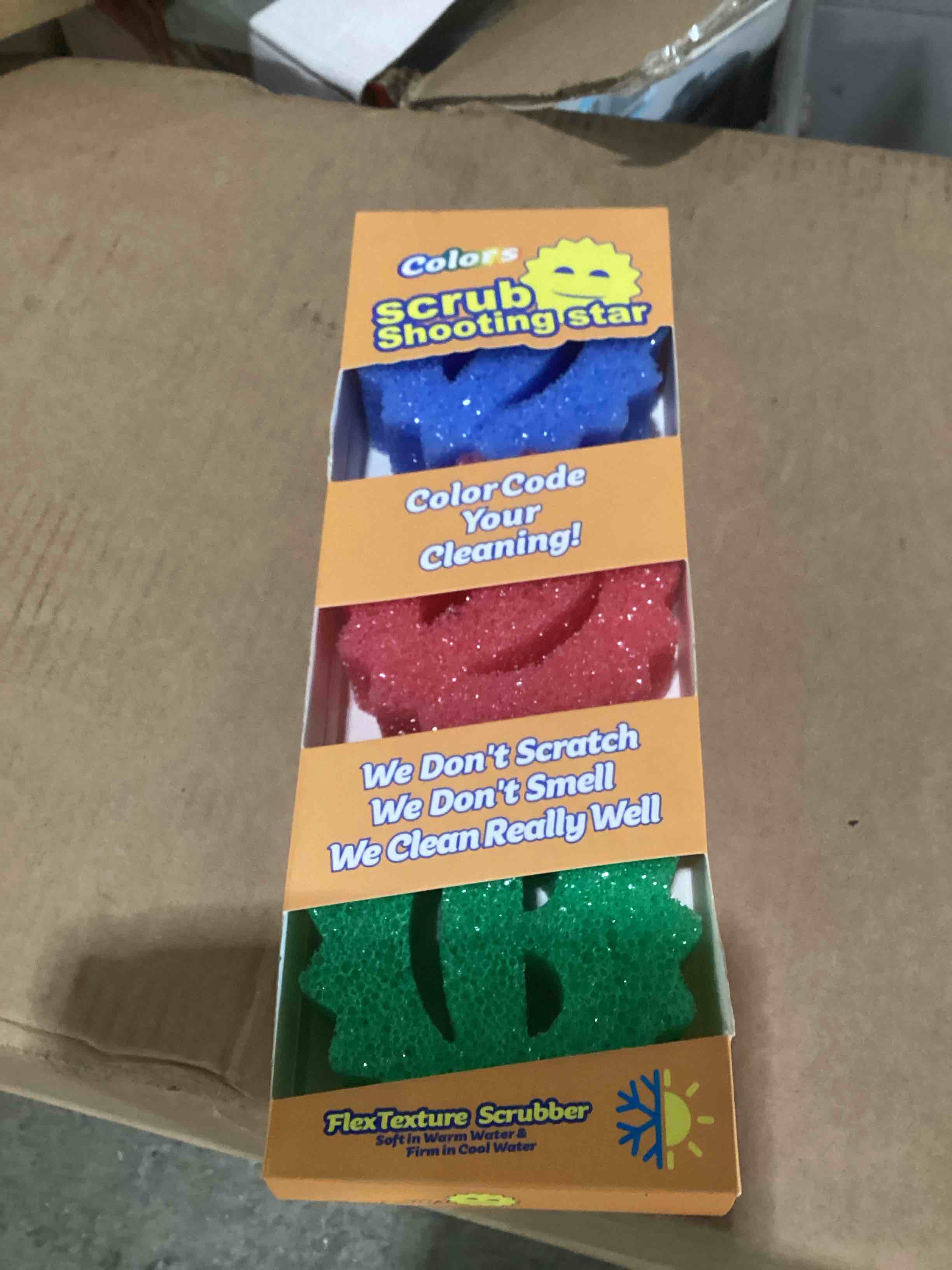 Colors, scrub, shooting star ONE blue ONE red ONE green 