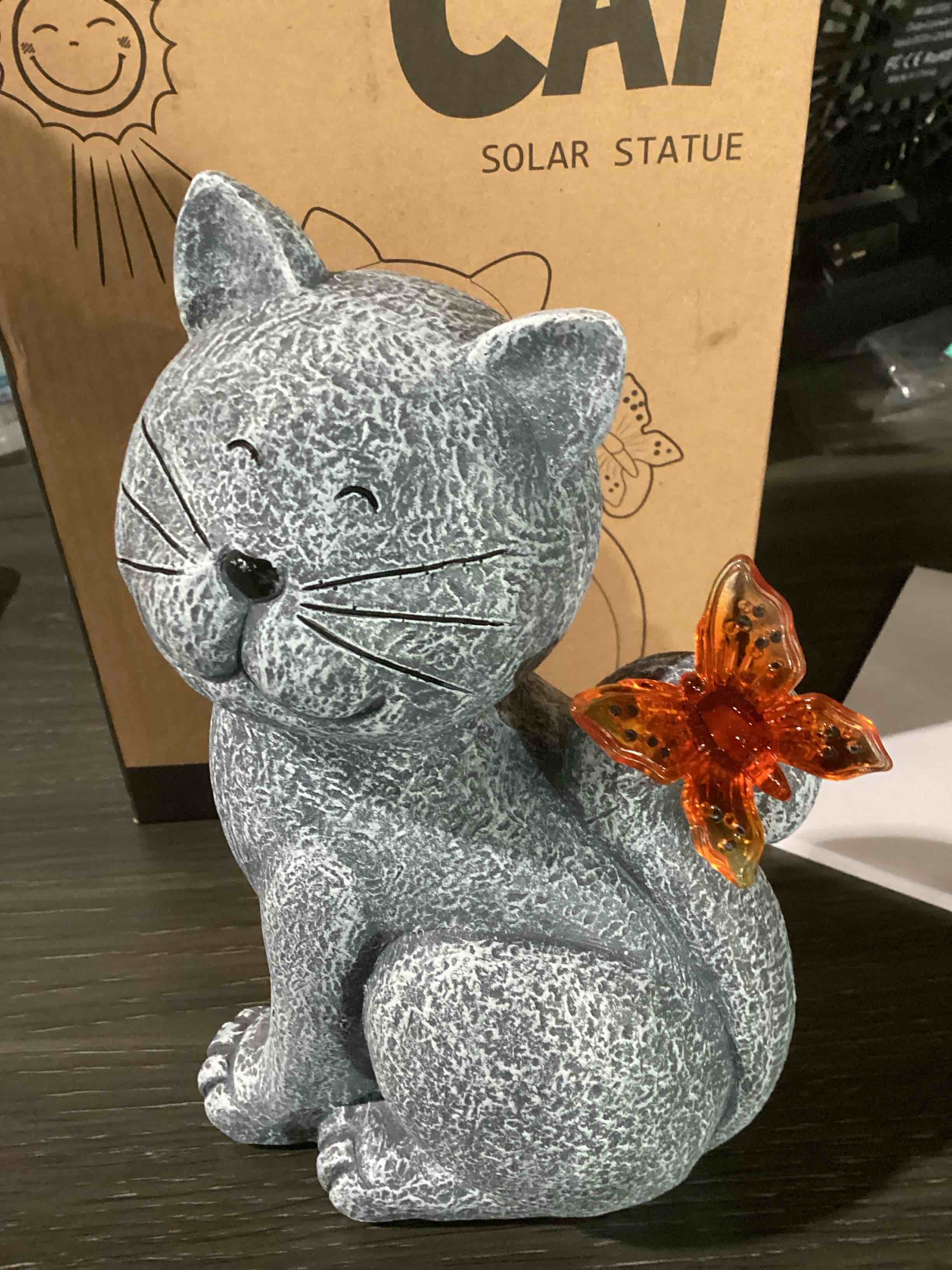 Condition photo showing As Is for nacome solar cat outdoor statues for garden: outside decor with butterfly clearance for yard art lawn ornaments porch patio balcony home house - birthday gifts for grandma mom women