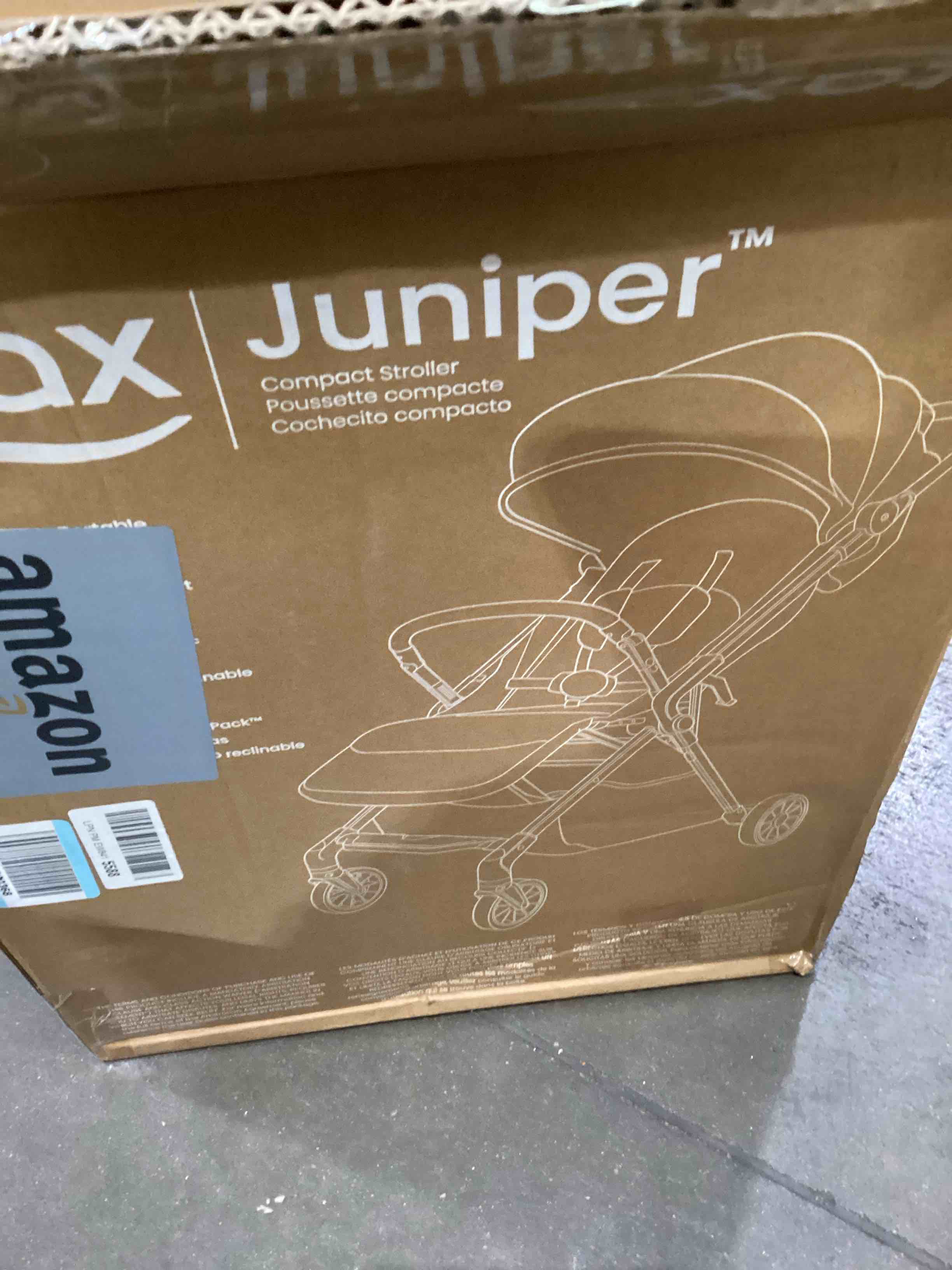 Condition photo showing New/Like New for britax juniper compact on-the-go stroller, effortless fastpack system with one-hand rapidfold, portable & lightweight for travel, built-in carry handle, ventilating fabrics, raven black