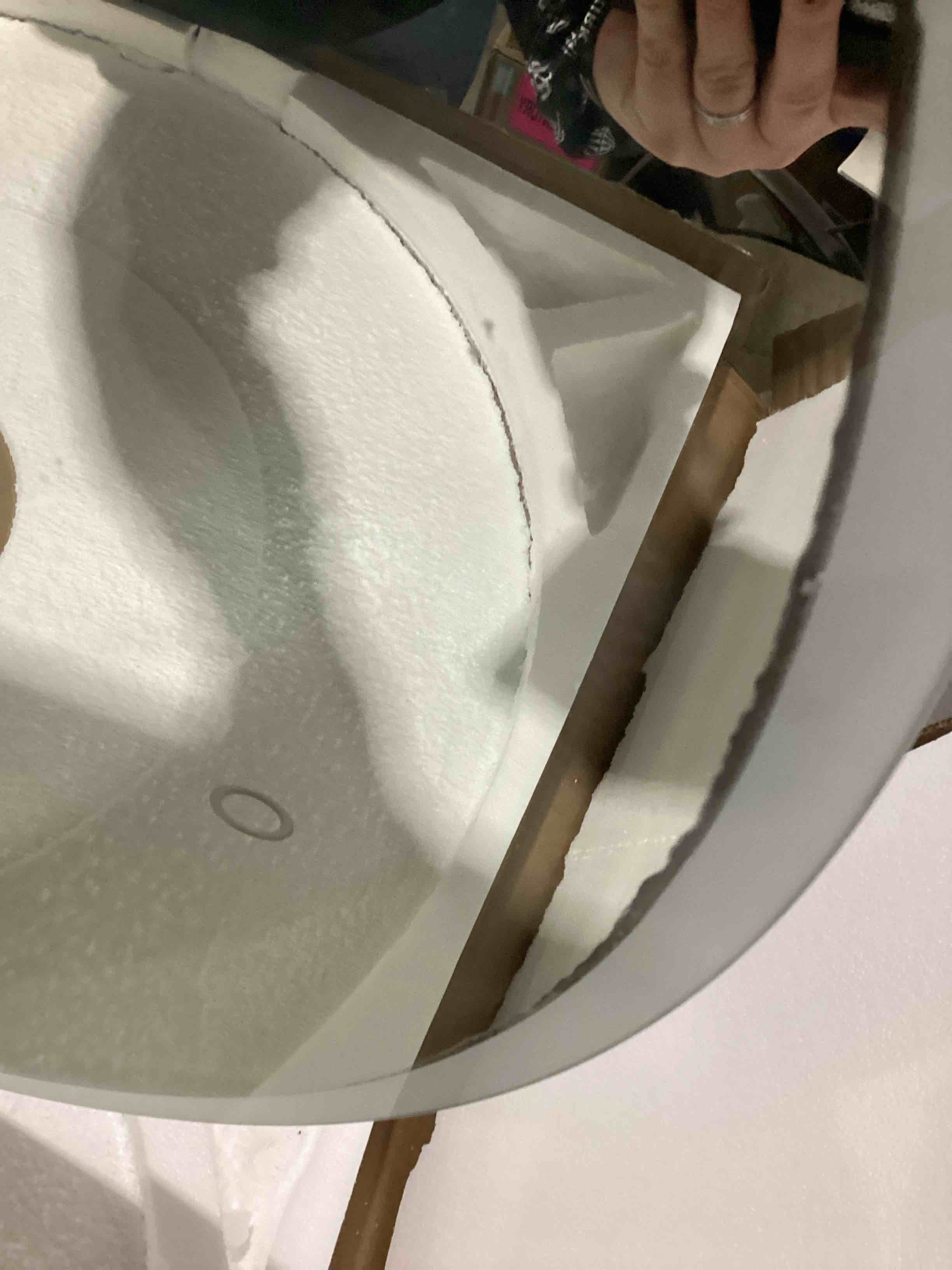 Condition photo showing As Is for HAS CRACKS S·BAGNO 32’’ Round Led Bathroom Mirror with Lights, Backlit and Front Lighted, Wall-Mounted Vanity Mirror 3000K/4000K/6500K, Inside Bluetooth Speaker Anti-Fog Dimmable Smart Mirror 32’’ 32"L x 32"W