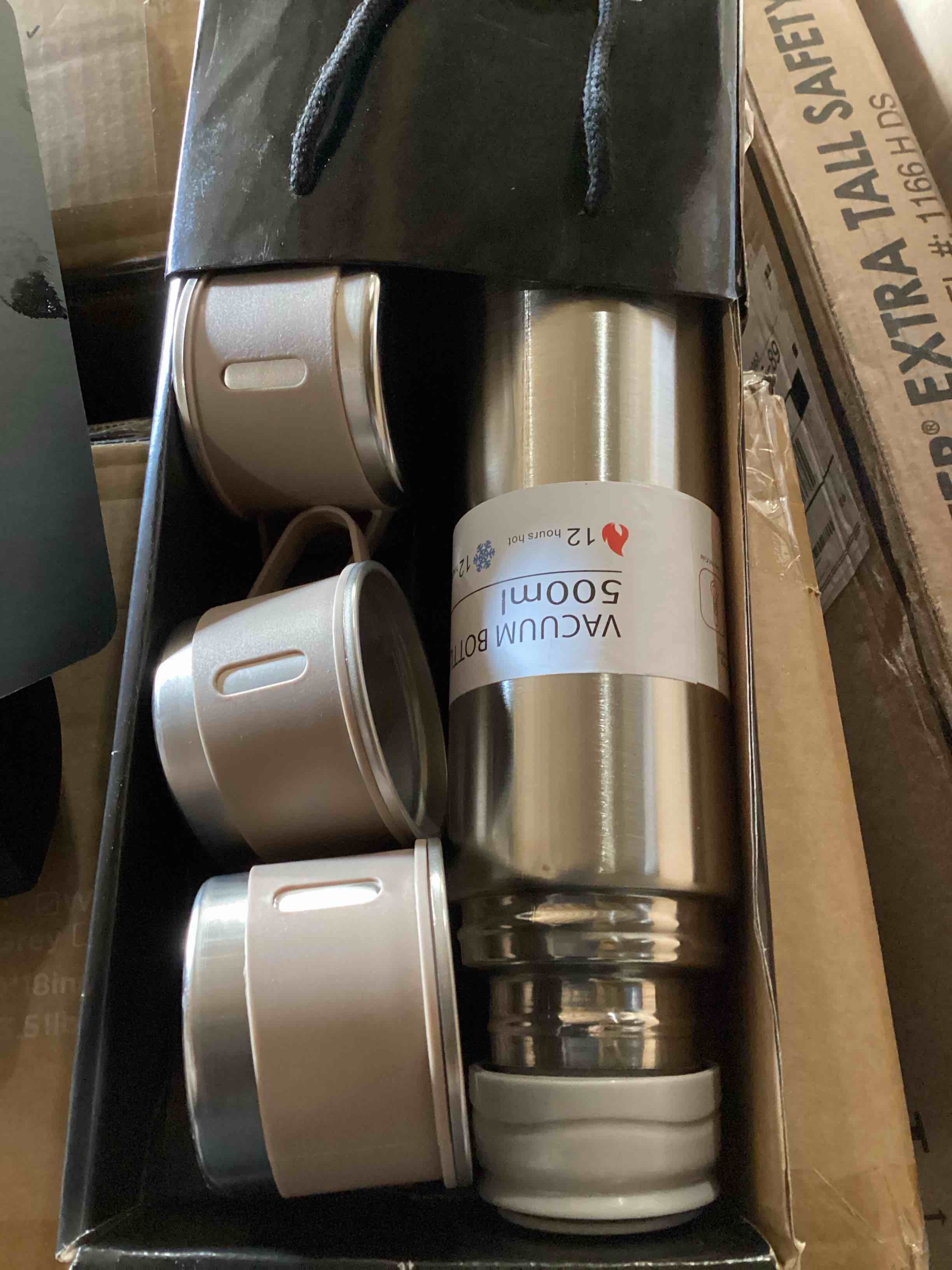 Condition photo showing As Is for Vacuum Flask Gift Set with 3 Cups Lids Lightweight Stainless Steel Insulated Mug Thermos