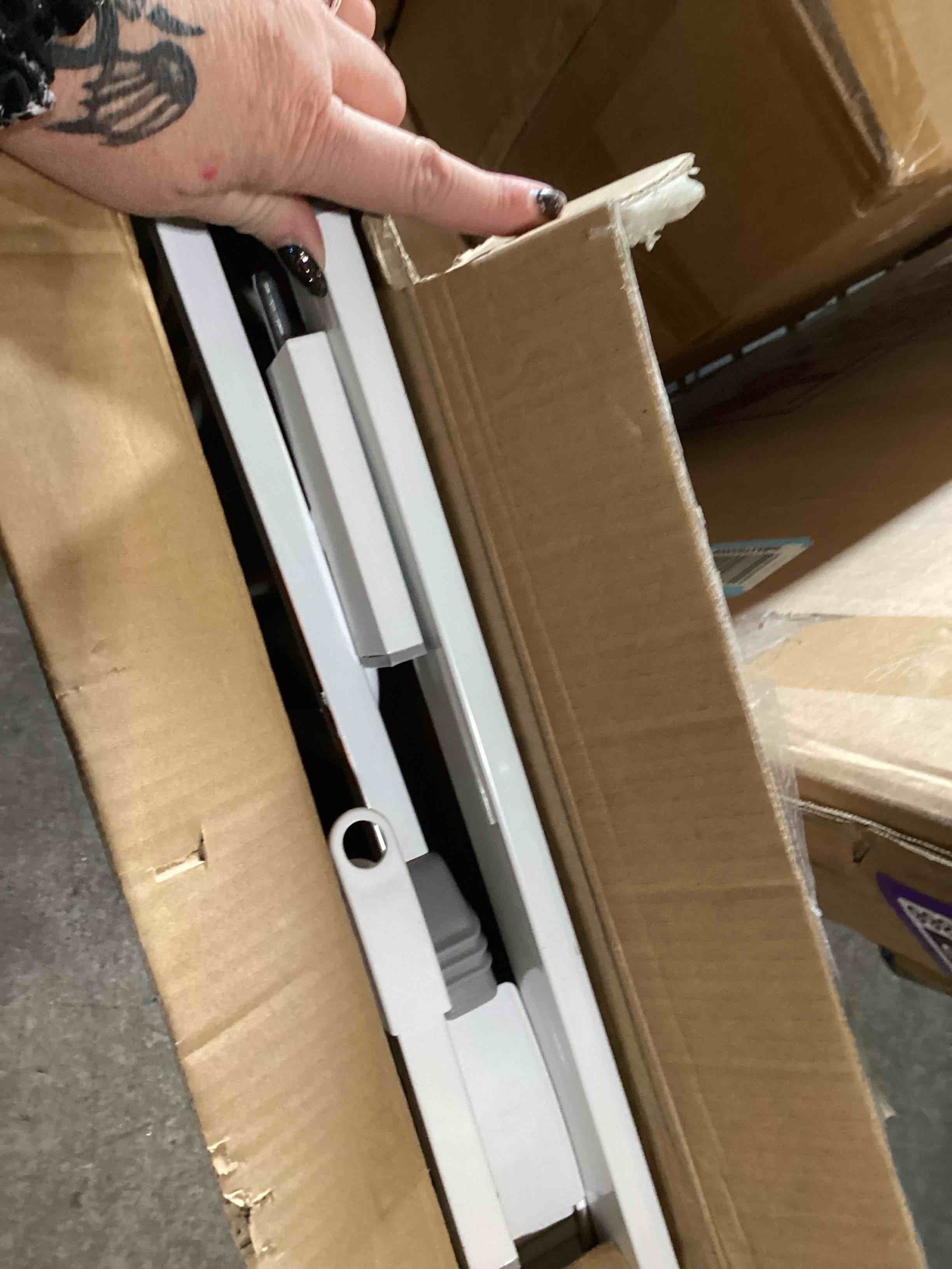 Condition photo showing As Is for MISSING PIECES Regalo Safety 36" Extra Tall Baby Gate for Doorways & Bottom of Stairs, Pressure Mount, Toddlers & Pets, 6-24 Months, Tested & Safe for 30 Years, American Designed, American Owned White 29-36.5"W x 36"H