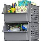 Skywin Plastic Stackable Storage Bins for Pantry - 2 Pack Stackable Bins For Organizing Food, Kitchen, and Bathroom Essentials (Black) 2 Pack Grey