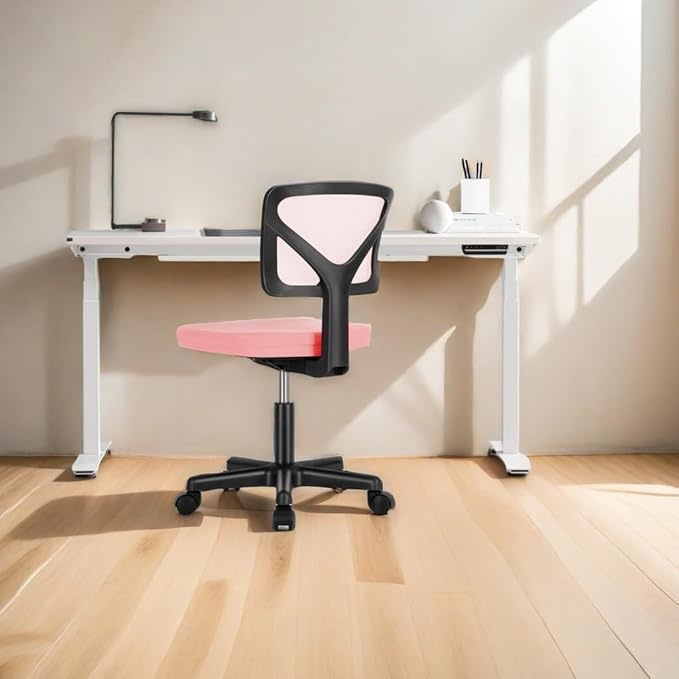 Armless Mesh Ergonomic Home Office Chair w/Lumbar Support, Low Back Rolling Swivel Chair with Adjustable Height, Pink